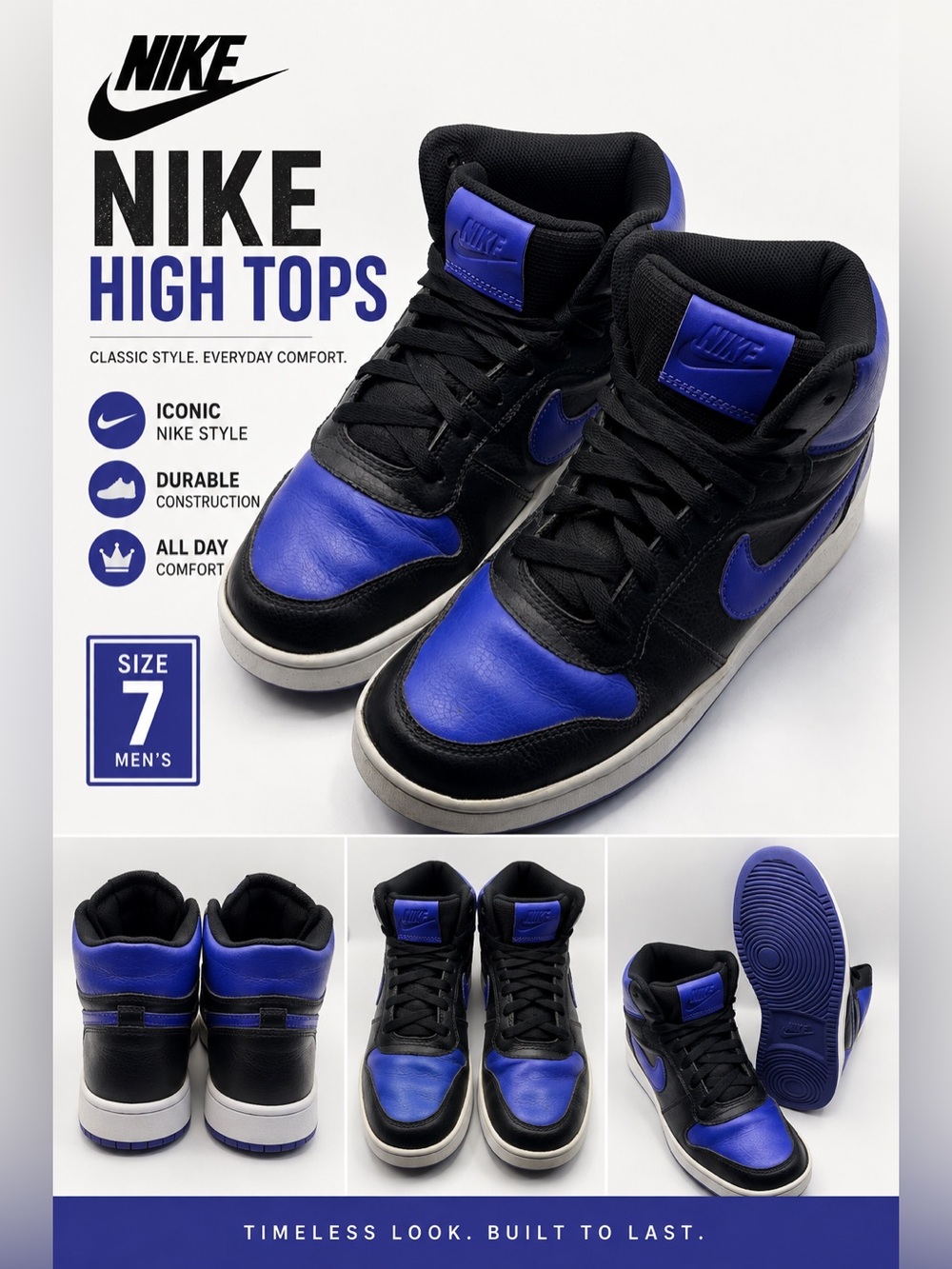 Nike Court Vision Mid Men’s Size 7 Black Hyper Royal Blue High Top Sneakers